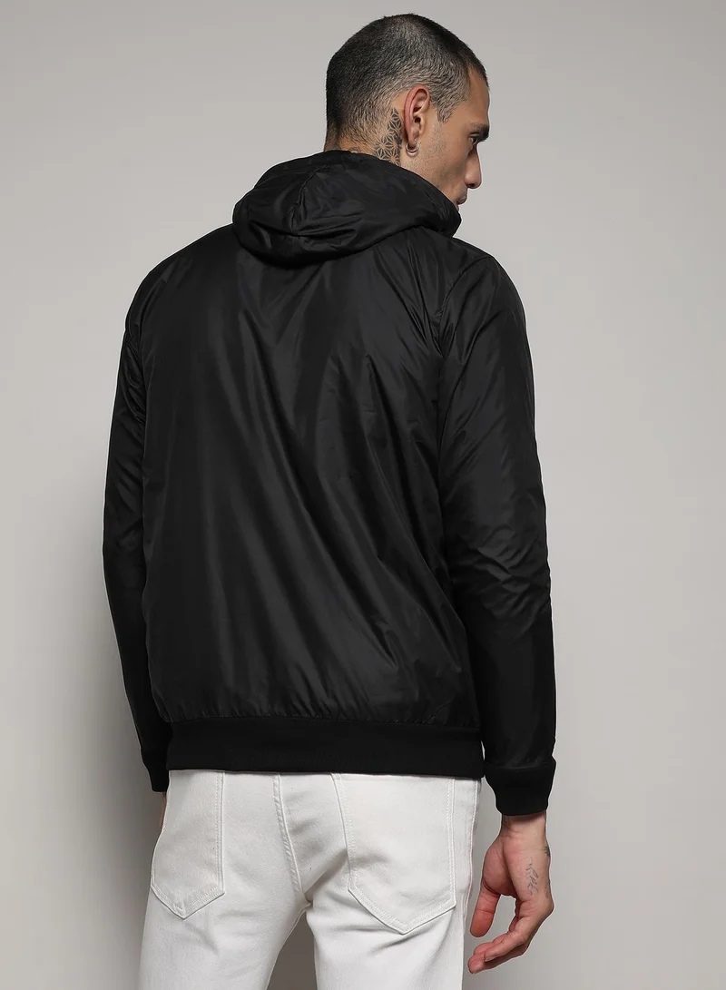 Campus Sutra Men's Black Zip-Front Jacket With Ribbed Hem