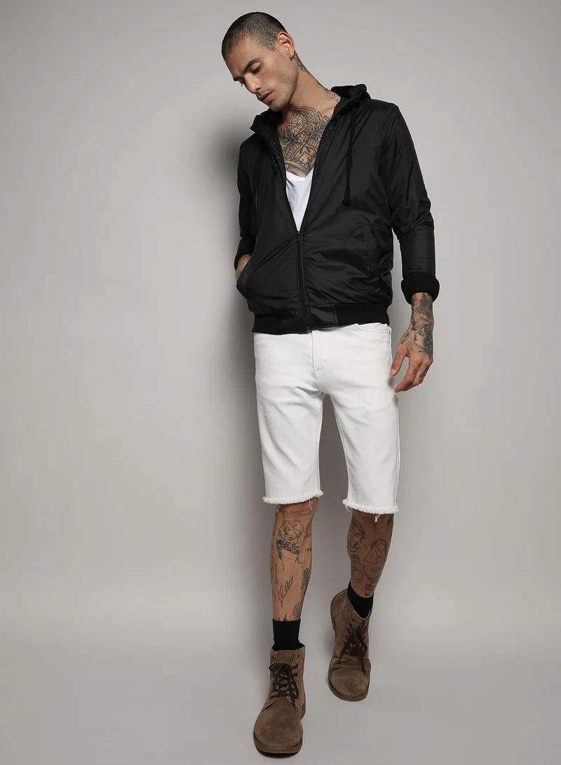 Campus Sutra Men's Black Zip-Front Jacket With Ribbed Hem