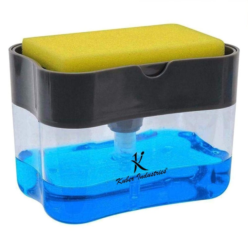 Kuber Industries Rectangle Liquid Soap Dispenser for Kitchen | with Pump and Sponge Holder | Plastic, Lightweight & Durable | Multipurpose Use, Ergonomic Design & Easy to Clean | Grey (Pack of 1) - Image 1