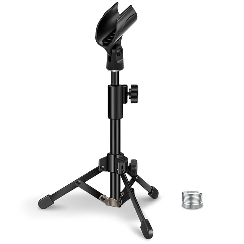 JCWINY Desk Mic Stand, JCWINY Portable Foldable Microphone Tripod with Mic Clip Holder Adjustable Table Microphone Stand for Blue Yeti Snowball Spark and Other Dynamic Microphones - Image 1