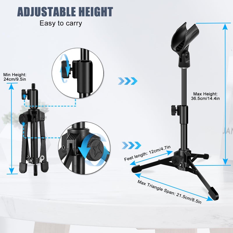 JCWINY Desk Mic Stand, JCWINY Portable Foldable Microphone Tripod with Mic Clip Holder Adjustable Table Microphone Stand for Blue Yeti Snowball Spark and Other Dynamic Microphones - Image 2