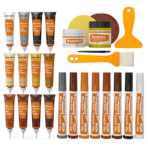 REALINN Wood Furniture Repair Kit- Set of 28 - Touch Up Markers, Fillers with Wood Putty - Repair Scratch, Cracks, Hole, Discoloration for Wooden Door, Floor, Table, Cabinet - Image 1