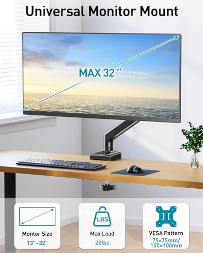 MOUNT PRO Single Monitor Arm Desk Mount Fits 13 to 32 inch Computer Screens, Holds 4.4 to 22lbs Display VESA Mount, Adjustable Monitor Stand with Clamp/Grommet Mounting Base, 75/100mm Bracket, Black, Freelift - Image 2