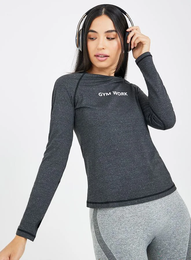 ستايلي Melange Stitch & Thumbhole Detail Minimal Slogan Top