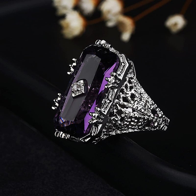 HAIXIAN Luxurious Silver Womens Purple Square Cubic Zirconias Amethyst sapphire Ring,Exaggeration Cocktail Party Punk Biker Ring,Full Finger Wide Dome Chunky Stone Ring Jewelry for Women (Ring_A, 8) - Image 4