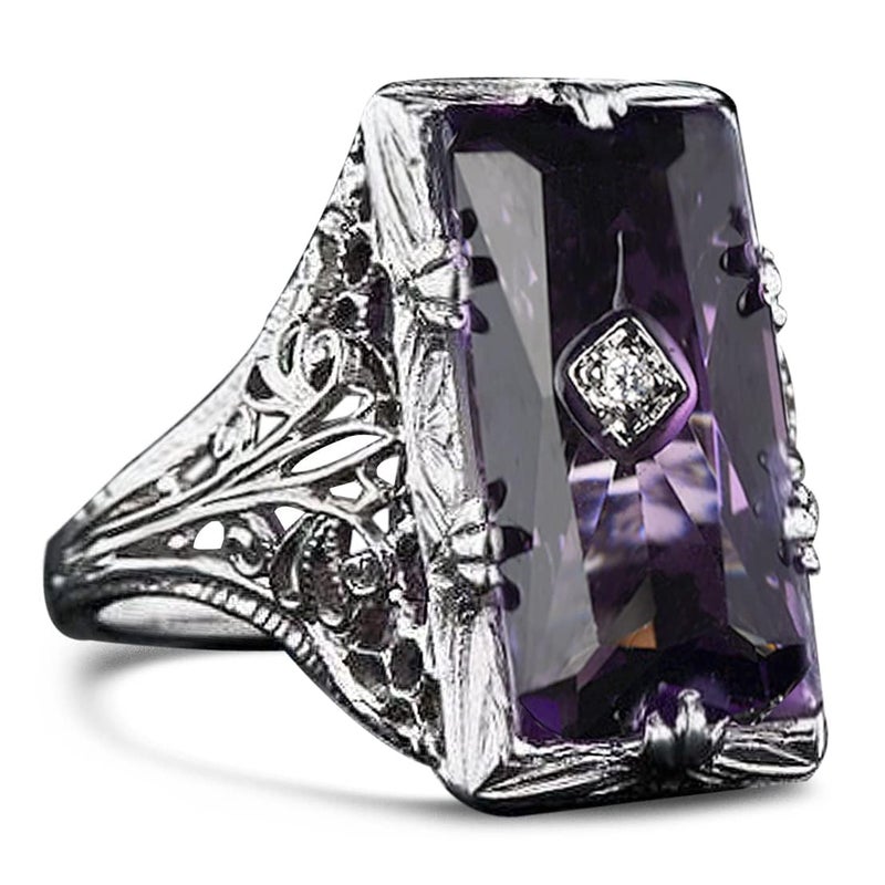 HAIXIAN Luxurious Silver Womens Purple Square Cubic Zirconias Amethyst sapphire Ring,Exaggeration Cocktail Party Punk Biker Ring,Full Finger Wide Dome Chunky Stone Ring Jewelry for Women (Ring_A, 8) - Image 1