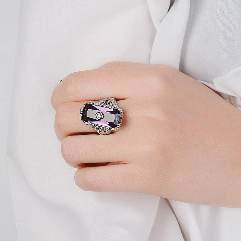 HAIXIAN Luxurious Silver Womens Purple Square Cubic Zirconias Amethyst sapphire Ring,Exaggeration Cocktail Party Punk Biker Ring,Full Finger Wide Dome Chunky Stone Ring Jewelry for Women (Ring_A, 8) - Image 2