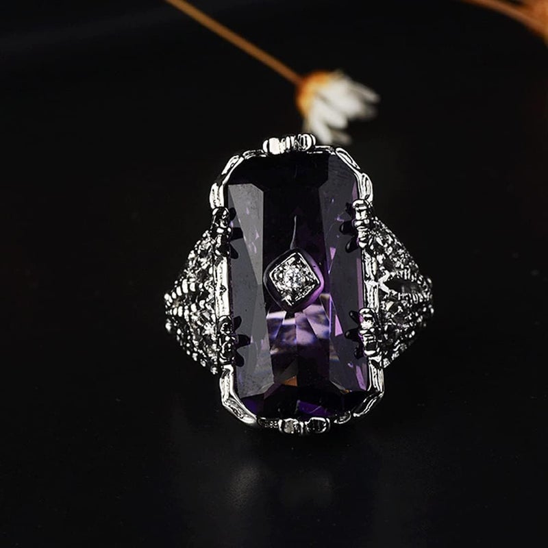 HAIXIAN Luxurious Silver Womens Purple Square Cubic Zirconias Amethyst sapphire Ring,Exaggeration Cocktail Party Punk Biker Ring,Full Finger Wide Dome Chunky Stone Ring Jewelry for Women (Ring_A, 8) - Image 3
