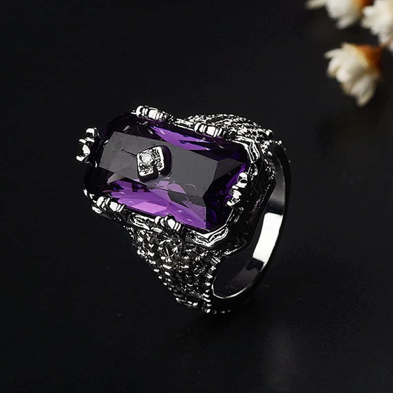 HAIXIAN Luxurious Silver Womens Purple Square Cubic Zirconias Amethyst sapphire Ring,Exaggeration Cocktail Party Punk Biker Ring,Full Finger Wide Dome Chunky Stone Ring Jewelry for Women (Ring_A, 8) - Image 5