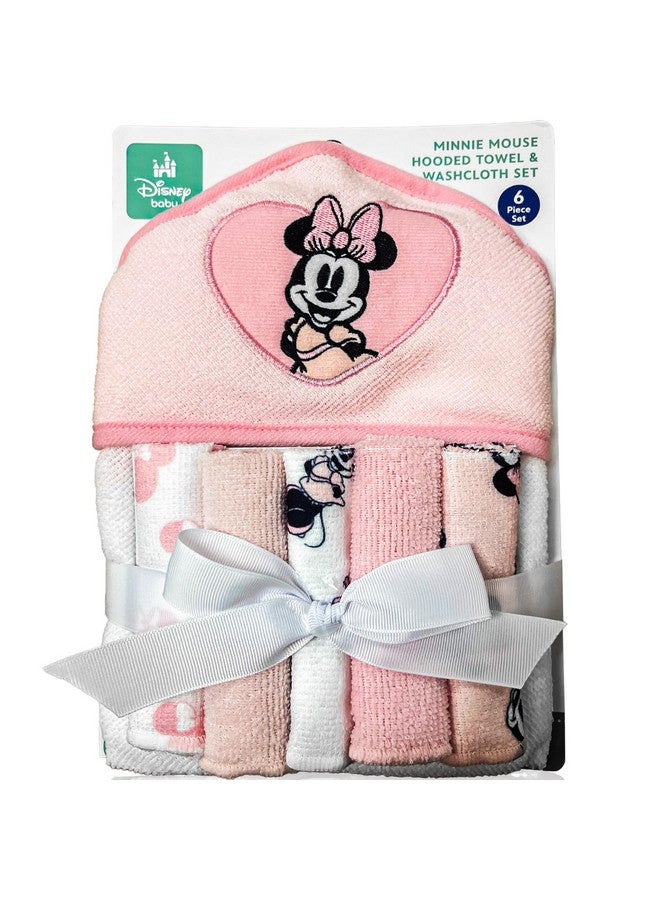 Cudlie مجموعة مناشف استحمام ميني ماوس | منشفة استحمام ميني ماوس بغطاء رأس للأطفال | مناشف هودي ميني و 5 قطع قماش للغسيل | مستلزمات حديثي الولادة | ناعمة وفخمة | وردي/أبيض | مرخصة رسميًا - Image 1