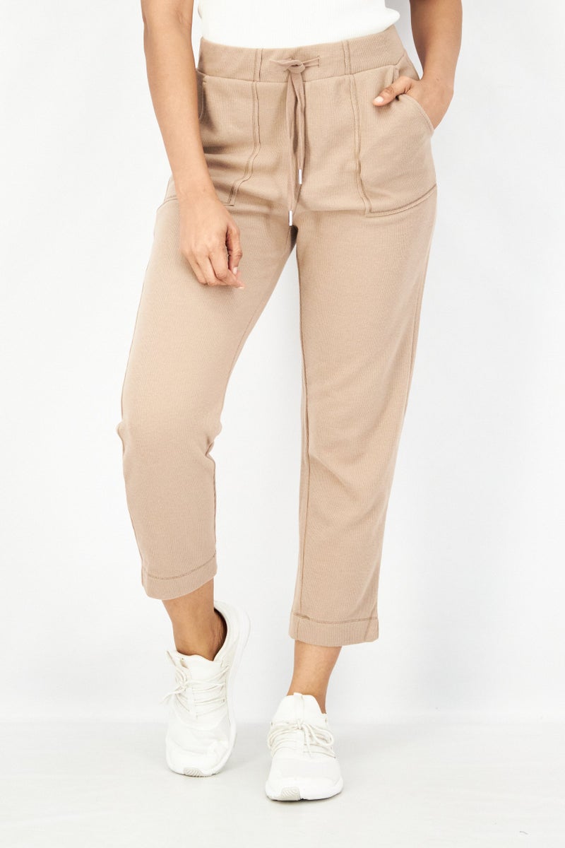 ESPRIT Women Regular Fit Plain Drawstring Pants, Tan - Image 1