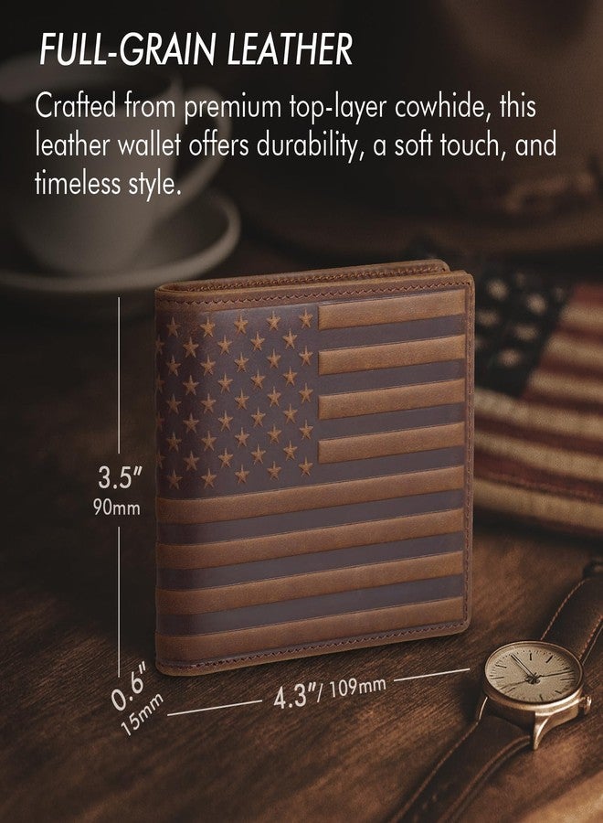 Pefiam Full Grain Leather Wallet for Men, RFID Blocking, Mens Wallet Bifold with 2 ID Windows, Billfold with 13 Card Slots, Leather Gift for Men, American Flag Wallet Dark Brown - Image 3
