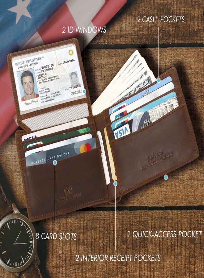 Pefiam Full Grain Leather Wallet for Men, RFID Blocking, Mens Wallet Bifold with 2 ID Windows, Billfold with 13 Card Slots, Leather Gift for Men, American Flag Wallet Dark Brown - Image 5