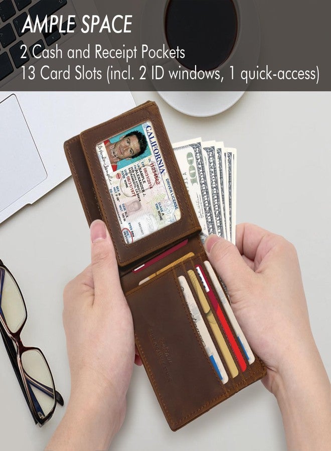 Pefiam Full Grain Leather Wallet for Men, RFID Blocking, Mens Wallet Bifold with 2 ID Windows, Billfold with 13 Card Slots, Leather Gift for Men, American Flag Wallet Dark Brown - Image 2