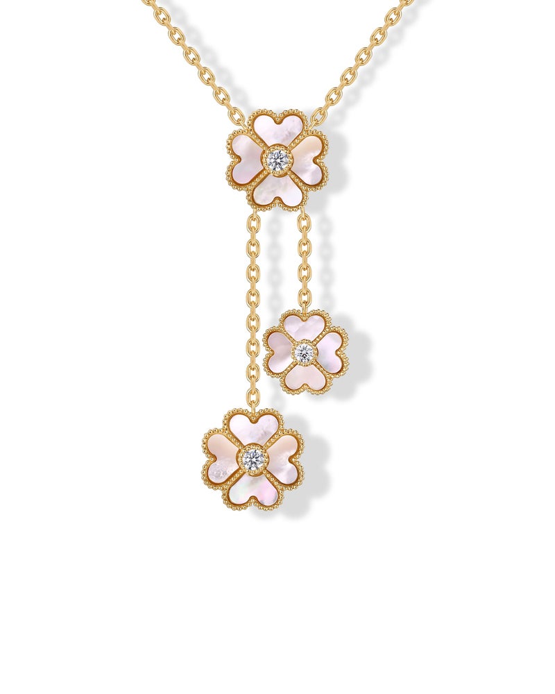 PAVOI 14K Yellow Gold Plated Lariat Clover Necklace for Women | Clover Necklace | Mother of Pearl Lucky Flower Design - Adjustable Trendy Jewelry - Yellow - Image 1