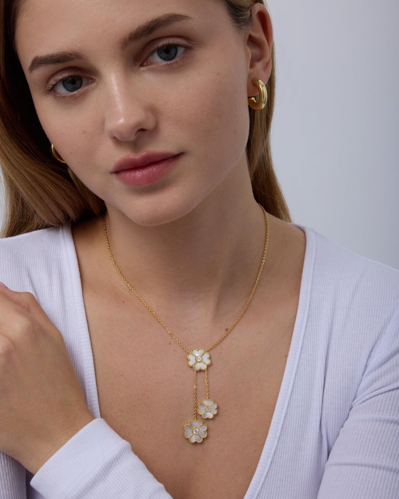 PAVOI 14K Yellow Gold Plated Lariat Clover Necklace for Women | Clover Necklace | Mother of Pearl Lucky Flower Design - Adjustable Trendy Jewelry - Yellow - Image 3