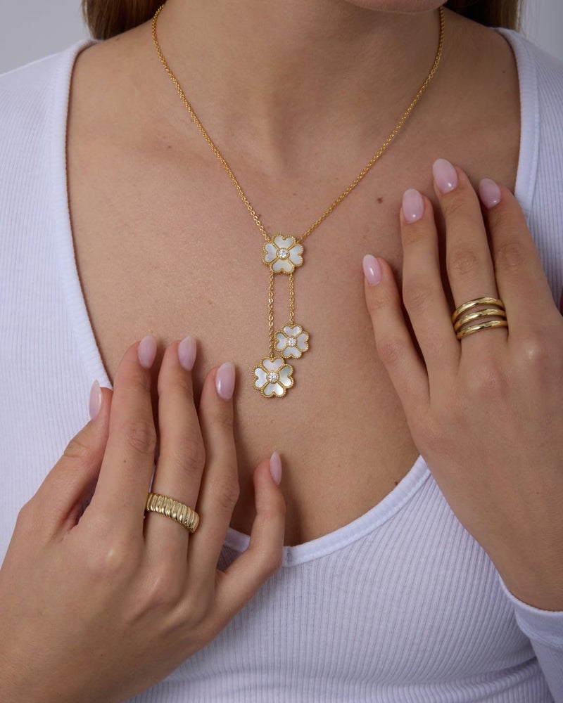 PAVOI 14K Yellow Gold Plated Lariat Clover Necklace for Women | Clover Necklace | Mother of Pearl Lucky Flower Design - Adjustable Trendy Jewelry - Yellow - Image 2