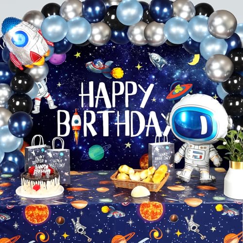 Sumind 47 Pcs Outer Space Birthday Party Decoration Set 1 Solar System Astronaut Rocket Backdrop Banner 2 Tablecloth 44 Balloons for Kids Planet Photo Booth - Image 1