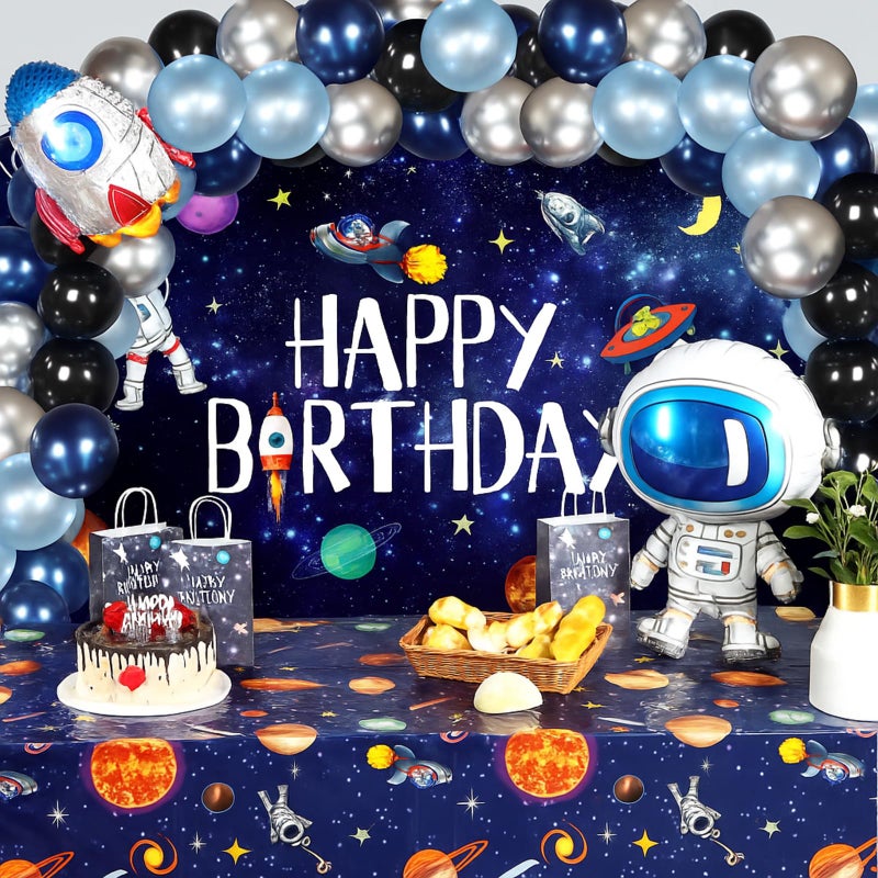 Sumind 47 Pcs Outer Space Birthday Party Decoration Set 1 Solar System Astronaut Rocket Backdrop Banner 2 Tablecloth 44 Balloons for Kids Planet Photo Booth - Image 2