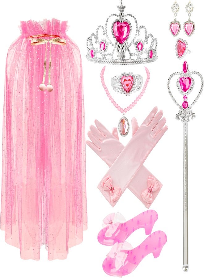 Hoarost 9 Pcs Princess Dress Up Set with Princess Cape Tiara Crown Wand Gloves Bracelet Necklaces Rings and Shoes for Pretend Princess Party Accessories Birthday Gift - Image 1