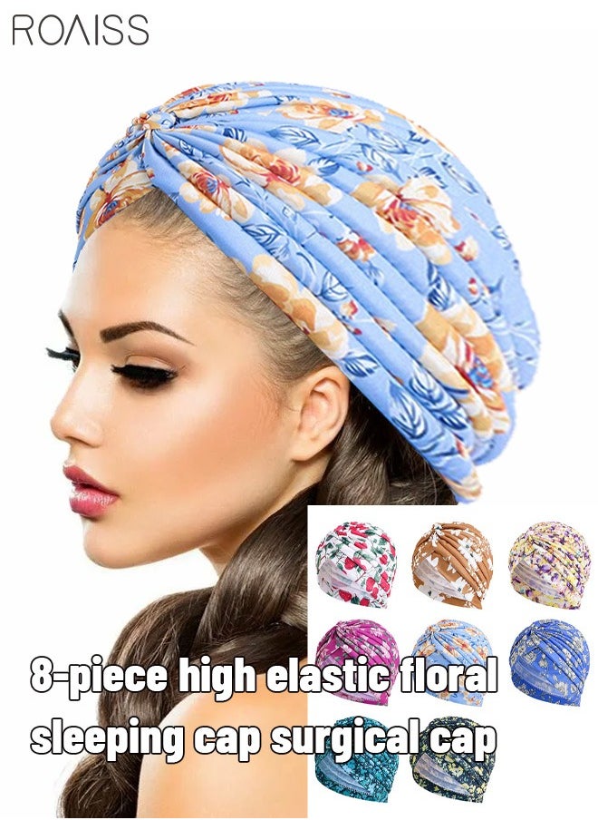 roaiss 8 Pcs Women's Fashion Headgear Printed Pleated Nightcap Lightweight Breathable Chemotherapy Cap Elastic Wrapped Pregnant Women'S Hat  - Image 2