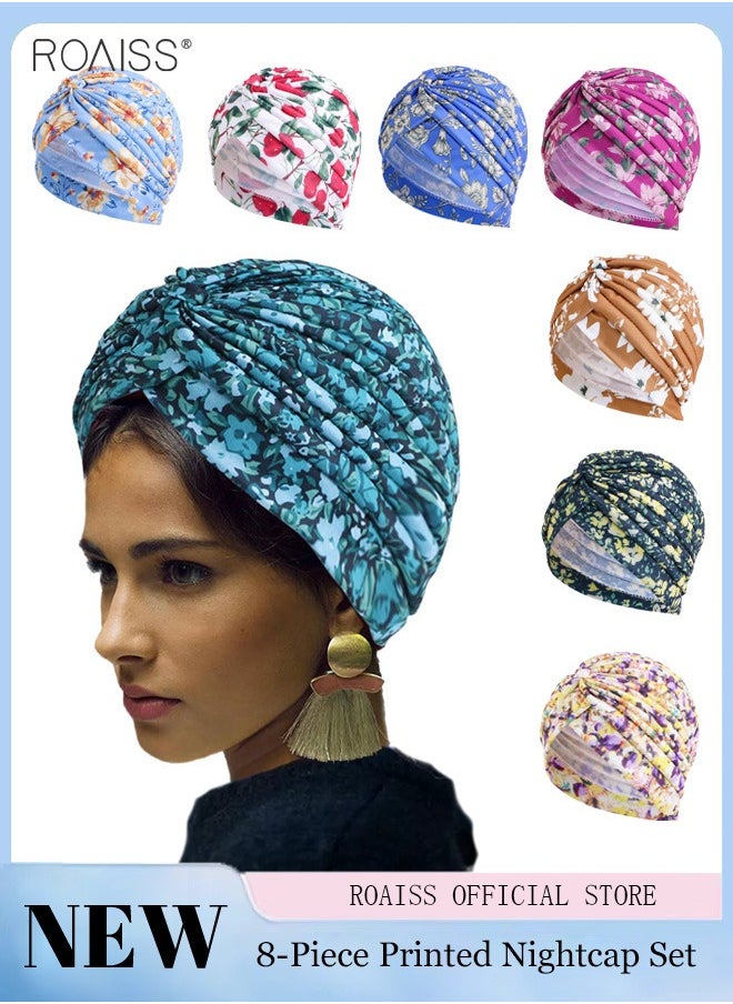 roaiss 8 Pcs Women's Fashion Headgear Printed Pleated Nightcap Lightweight Breathable Chemotherapy Cap Elastic Wrapped Pregnant Women'S Hat  - Image 1