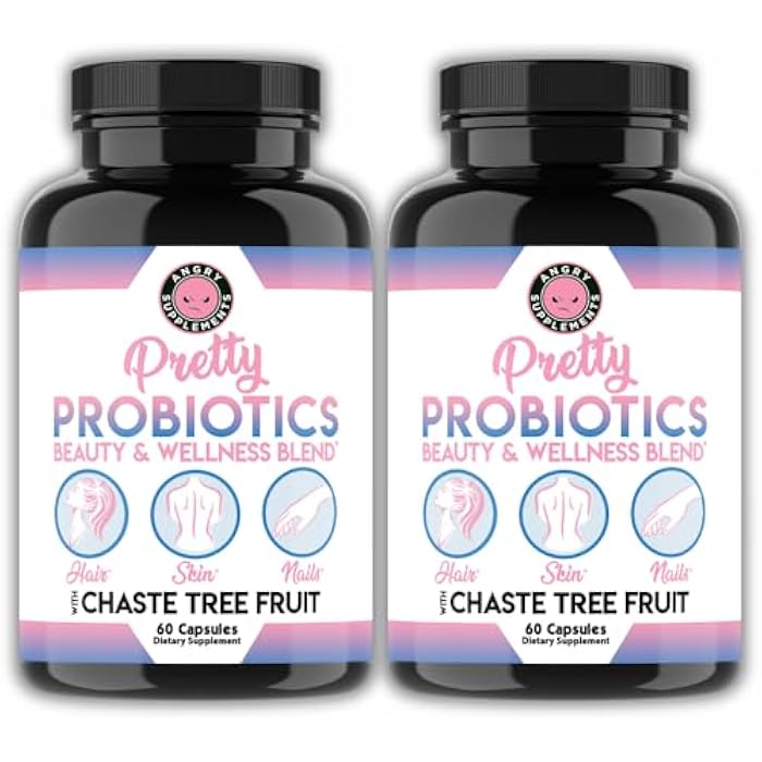 Angry Supplements Pretty Probiotics for Women – Beauty & Wellness Blend to Support Hair, Skin, Nail & Gut Health: Zinc, Chaste Tree Fruit, Bifidobacterium & Lactobacillus – 60 Capsules (2-Bottles) - Image 1