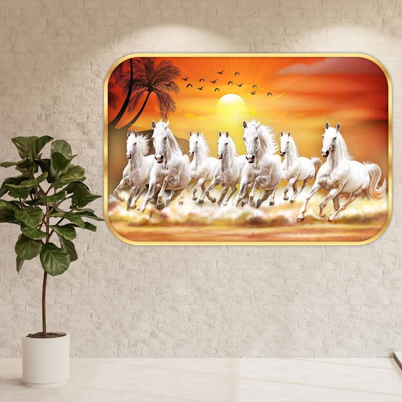 SAF SAF 7 Running Horses at Sunrise Vastu Wall Painting with Frame - Sparkle Glossy Round Golden Framed Large Painting (Multicolour, SANFMG173, 18 x 12 inch)-Synthetic  - Image 3