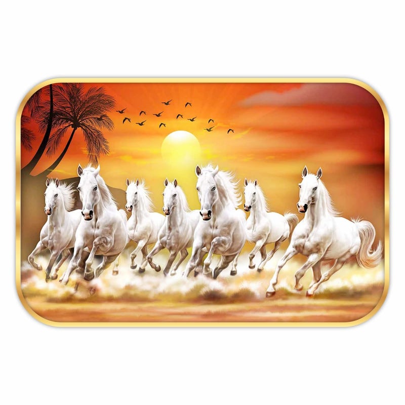 SAF SAF 7 Running Horses at Sunrise Vastu Wall Painting with Frame - Sparkle Glossy Round Golden Framed Large Painting (Multicolour, SANFMG173, 18 x 12 inch)-Synthetic  - Image 1