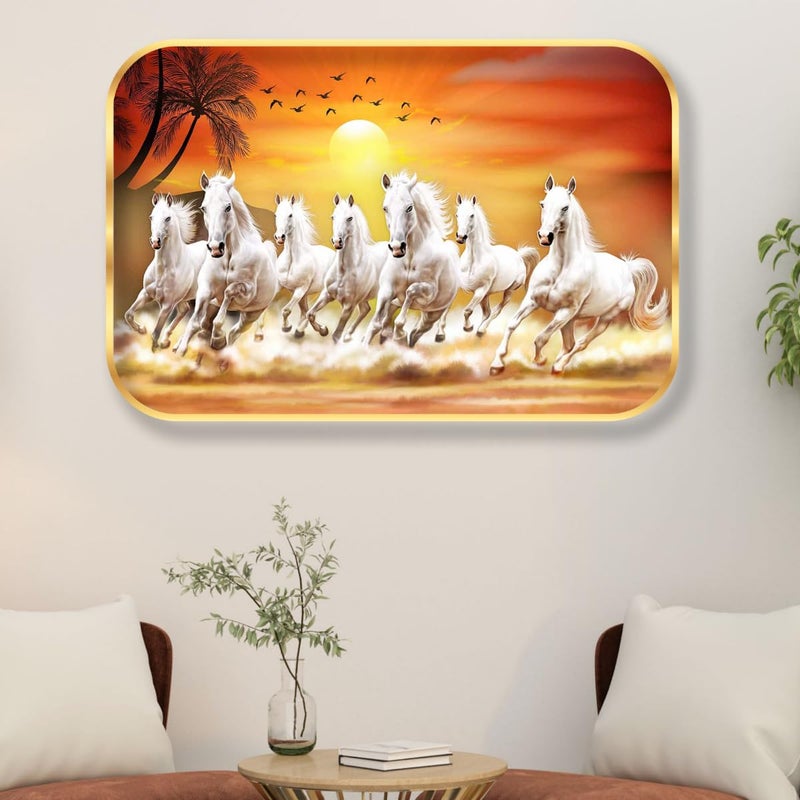 SAF SAF 7 Running Horses at Sunrise Vastu Wall Painting with Frame - Sparkle Glossy Round Golden Framed Large Painting (Multicolour, SANFMG173, 18 x 12 inch)-Synthetic  - Image 4