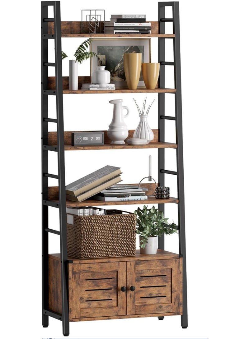 Ladder Shelf, 5 Tier Freestanding Bookshelf, Corner Storage Shelve Display Rack with Storage Cabinet, Wood and Metal Kitchen Storage Rack for Home Office Living Room Kitchen, 74*34*178.5cm (SGG051 Brown) - Image 1