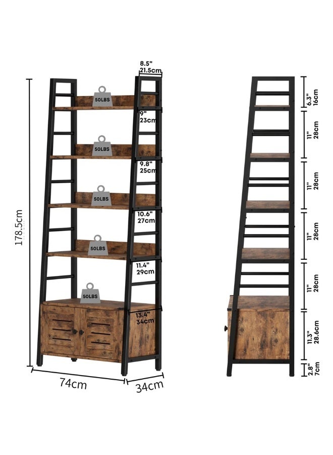 Ladder Shelf, 5 Tier Freestanding Bookshelf, Corner Storage Shelve Display Rack with Storage Cabinet, Wood and Metal Kitchen Storage Rack for Home Office Living Room Kitchen, 74*34*178.5cm (SGG051 Brown) - Image 4