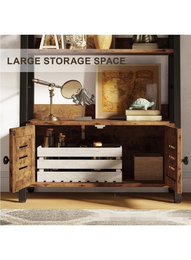 Ladder Shelf, 5 Tier Freestanding Bookshelf, Corner Storage Shelve Display Rack with Storage Cabinet, Wood and Metal Kitchen Storage Rack for Home Office Living Room Kitchen, 74*34*178.5cm (SGG051 Brown) - Image 5