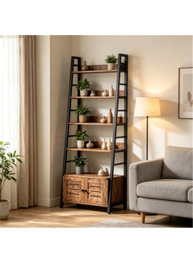 Ladder Shelf, 5 Tier Freestanding Bookshelf, Corner Storage Shelve Display Rack with Storage Cabinet, Wood and Metal Kitchen Storage Rack for Home Office Living Room Kitchen, 74*34*178.5cm (SGG051 Brown) - Image 3