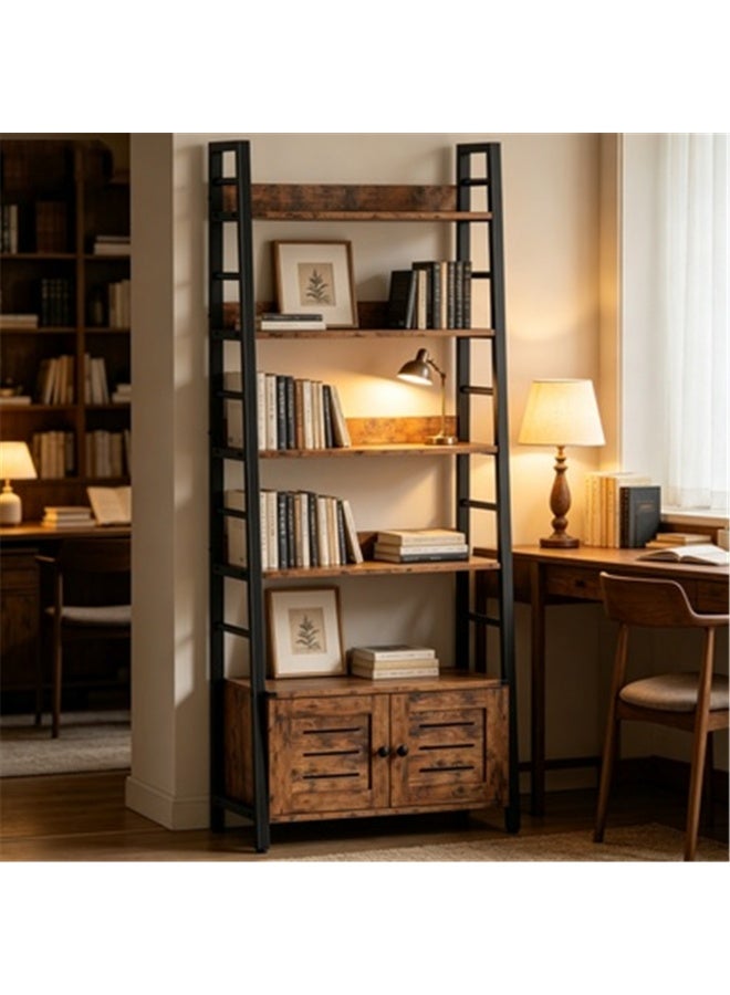 Ladder Shelf, 5 Tier Freestanding Bookshelf, Corner Storage Shelve Display Rack with Storage Cabinet, Wood and Metal Kitchen Storage Rack for Home Office Living Room Kitchen, 74*34*178.5cm (SGG051 Brown) - Image 2