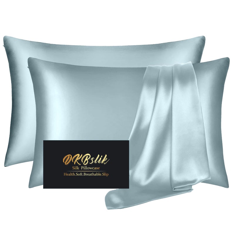 DKBslik Silk Pillow Cases 2 Pack  Mulberry Silk Pillowcases Standard Set of 2  Smooth  Anti Acne  Beauty Sleep  Both Sides Natural Silk Satin Pillow Cases for Women 2 Pack with Zipper for Gift  Aqua Blue
