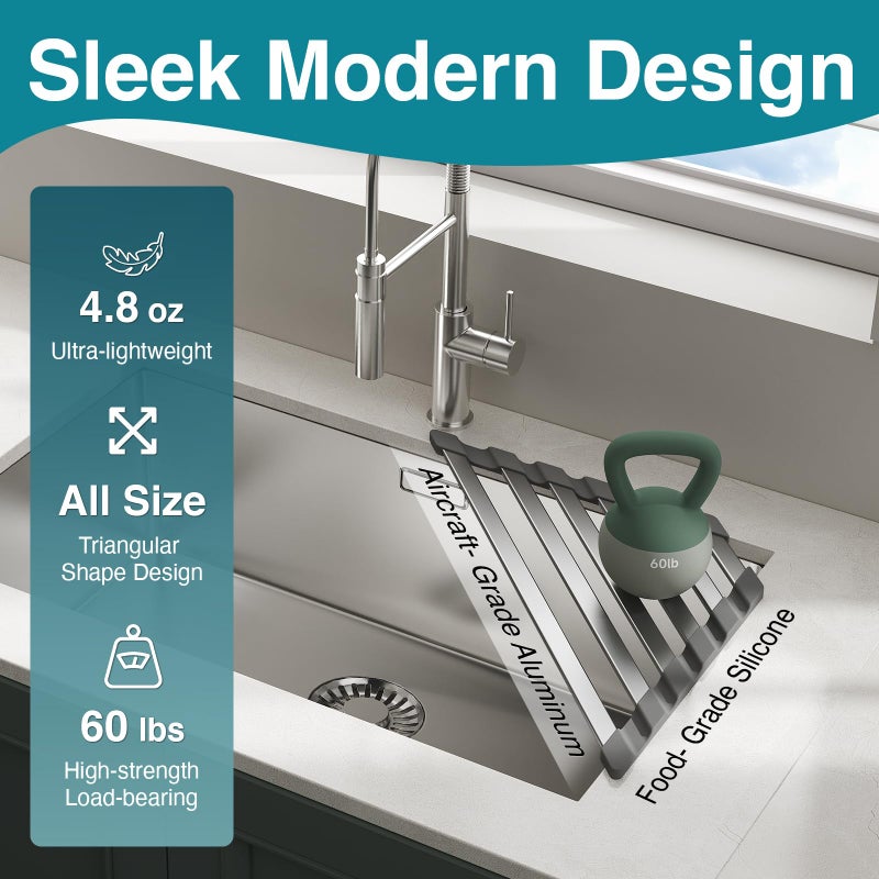 COOL-ANGLE Corner Sink Drying Rack, 16"x9.5" Rust-Proof Aluminum Triangular Dish Drainer, Heat Resistant Roll Up Mat for Kitchen Counter, Sponge Holder & Organizer with Non-Slip Silicone Base, Gray - Image 3