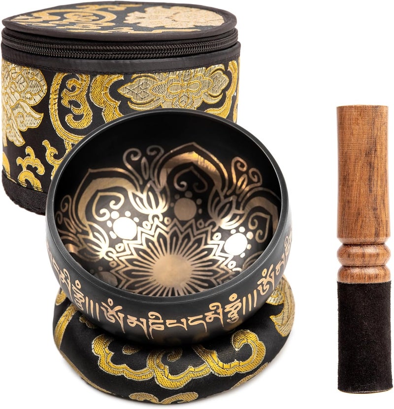 HIMALAYAN BAZAAR Tibetan Singing Bowl Set - 4" Easy To Play Authentic Handmade For Meditation Sound 7 Chakra Healing By HIMALAYAN BAZAAR (Black with Box, 4") - Image 1