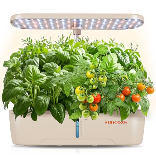 SUNCOZE Hydroponics Growing System Kit 12 Pods Indoor herb Garden with 20W LED Grow Light Visible Water Tank with Pump 22124 Adjustable Height Indoor Gardening System Gardening Gifts Beige - Image 1