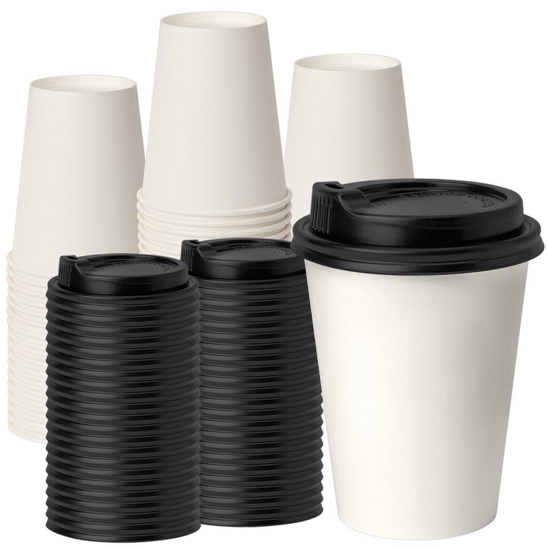 RACETOP عبوة 50 كوب قهوة disposable مع أغطية 12 أونصة أكواب ورقية ساخنة مع غطاء كوب للذهاب
