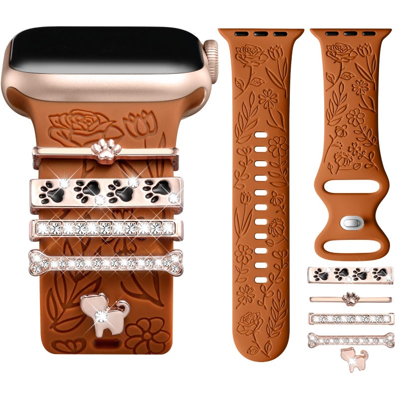 DaQin Flower Engraved Band Compatible with Apple Watch Bands for Women 40mm 38mm 41mm 42mm, Soft Silicone Strap With Dressy Decorative Apple Watch Charms for iWatch Series 11 10 9 8 7 6 5 4 3 2 1 SE - Image 1