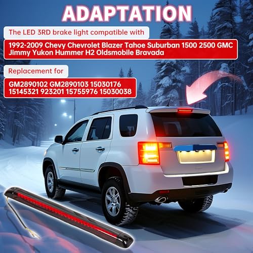 KUAFU Rear LED Third 3RD Brake Light Compatible with 1992-2009 Chevy Chevrolet Blazer Tahoe Suburban 1500 2500 GMC Jimmy Yukon Hummer H2 Oldsmobile Bravada High Mount Stop Lamp Red Lens - Image 2