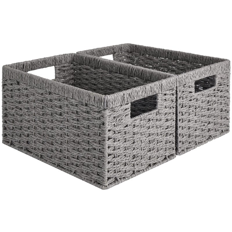 StorageWorks Round Paper Rope Storage Baskets, Rectangular Wicker Baskets with Built-in Handles, Gray, 2-Pack - Image 1