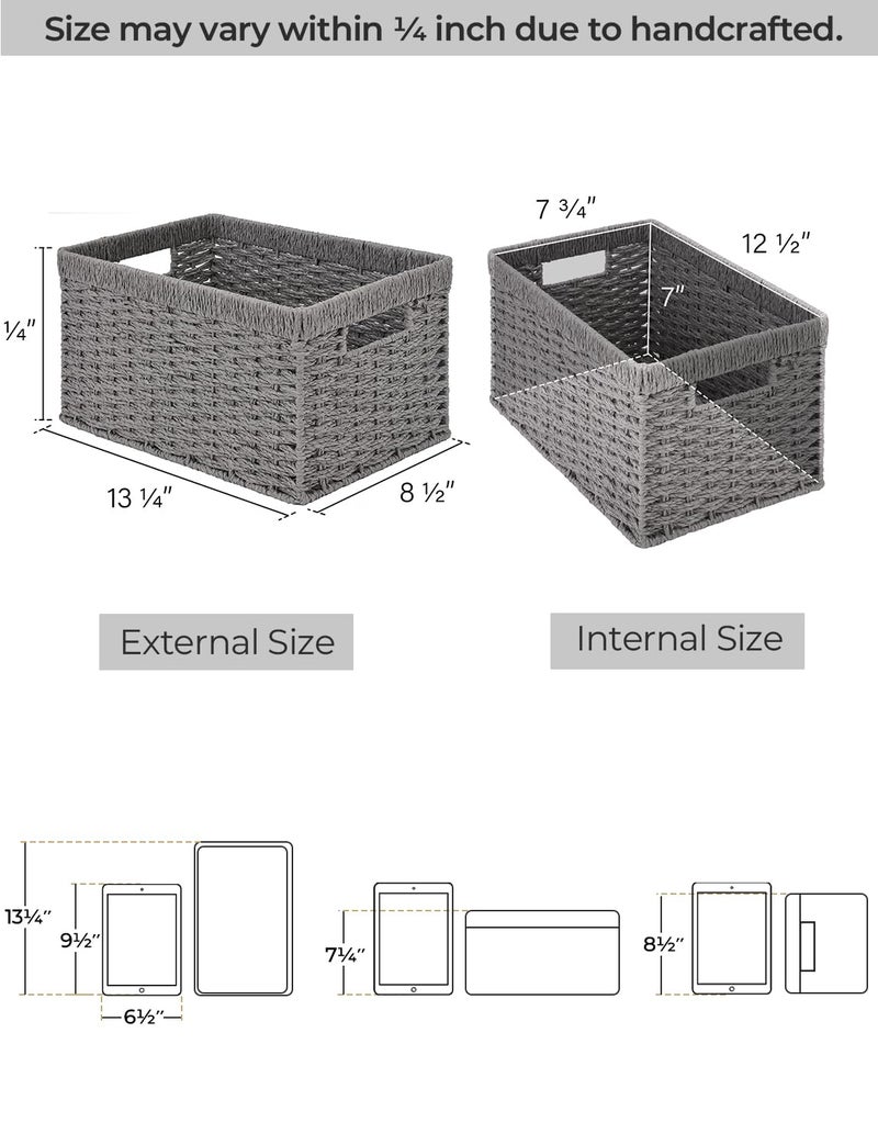 StorageWorks Round Paper Rope Storage Baskets, Rectangular Wicker Baskets with Built-in Handles, Gray, 2-Pack - Image 2