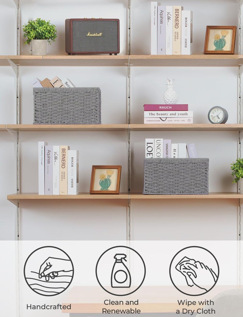 StorageWorks Round Paper Rope Storage Baskets, Rectangular Wicker Baskets with Built-in Handles, Gray, 2-Pack - Image 4