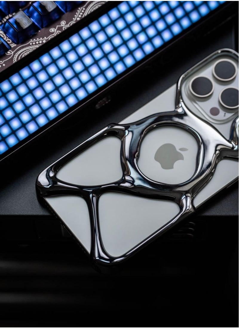 ميـاو غاضب حافظة هاتف AM فارغة لهاتف iPhone 15 Pro Max (فقط) متوافقة مع MagSafe 22 جرام خفيفة الوزن وتبديد الحرارة وحماية وافرة من البولي كربونات غطاء مخرم سائل مضاد للسقوط وبساطة ممتازة وسهلة التركيب (فضي لامع + تغليف أسود صديق للبيئة)  - Image 5
