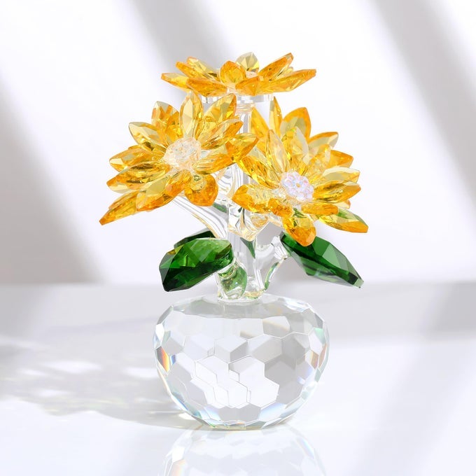 CRYSTAL YELLOW DAISY BOUQUET FIGURINES GIFTS FOR HER GLASS FLORAL ORNAMENTS FOR WOMEN LIVING ROOM COLLECTIBLE FLOWERS STATUE PAPERWEIGHT PRESENTS CHRISTMAS BIRTHDAY VALENTINES DAY