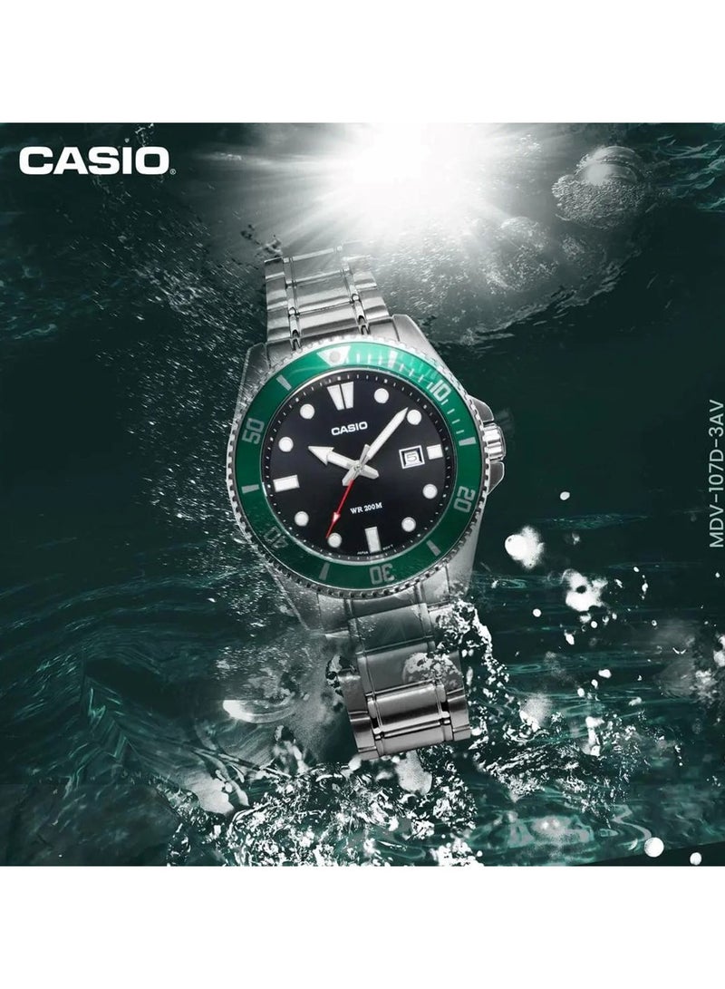 Casio Men's Dive Watch - MDV-107D-3AVDF Black Dial, Green Bezel Silver Band - Image 3