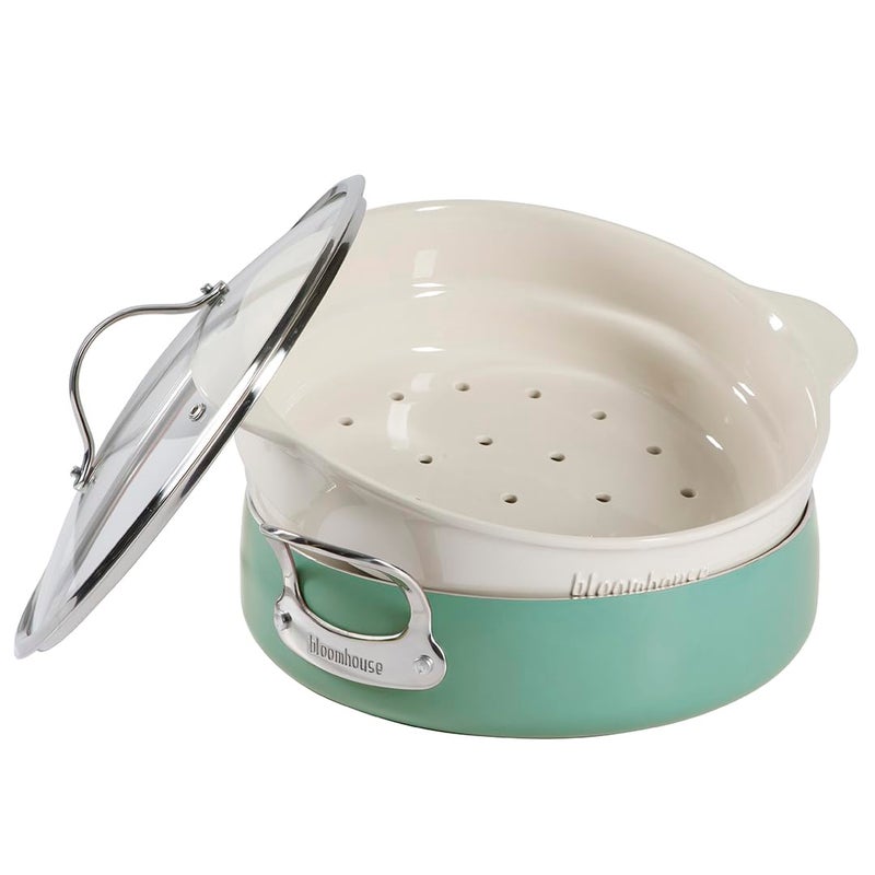 Bloomhouse 6QT Aluminum Enamel Everyday Pan wNonStick NonToxic Ceramic Interior and Ceramic Steamer Insert  Sage Green