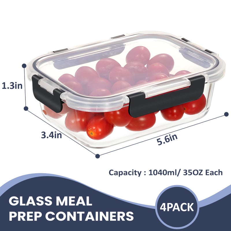 HOTEC 35OZ Glass Food Storage Container, Airtight Glass Lunch Fruit Containers with Lids - Microwave, Oven, Freezer and Dishwasher Safe, 4-PACK - Image 2